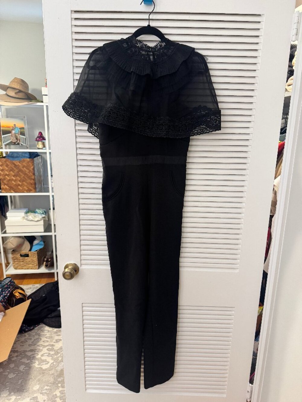 Self Portrait Ruffle Trim Satin and Lace Jumpsuit